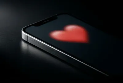 Icône de cœur floue sur un écran de smartphone, gros plan minimaliste