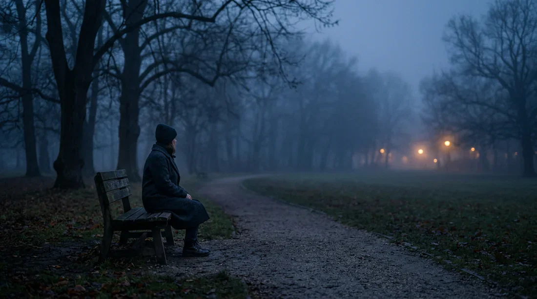 Une personne seule sur un banc dans un parc brumeux illustrant la solitude numérique