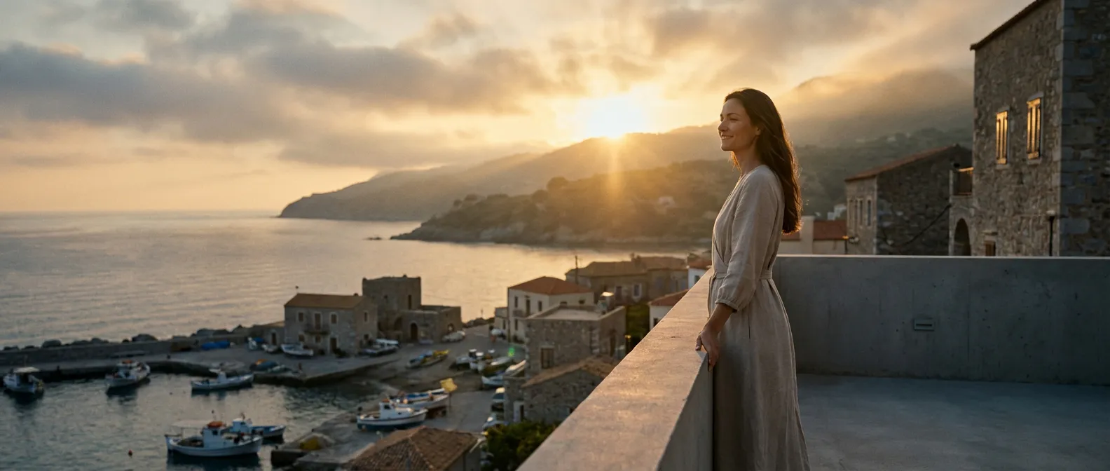Femme sereine contemplant l'horizon à l'aube, symbolisant un nouveau départ 15 jours après une sleeve gastrectomie.