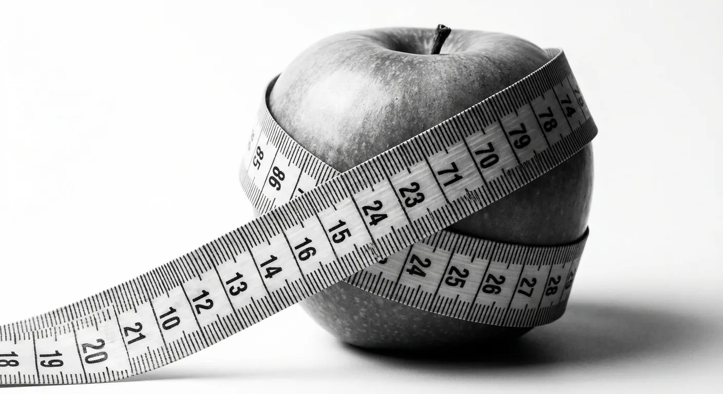 Mètre ruban autour d'une pomme verte fraîche sur fond blanc, symbole de perte de poids.