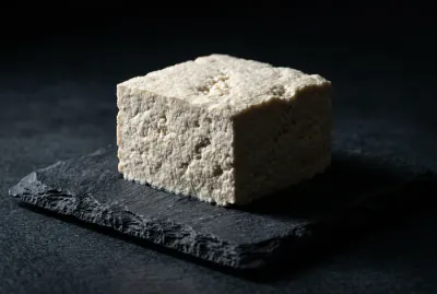 Gros plan minimaliste sur un bloc de tofu frais sur une assiette en ardoise
