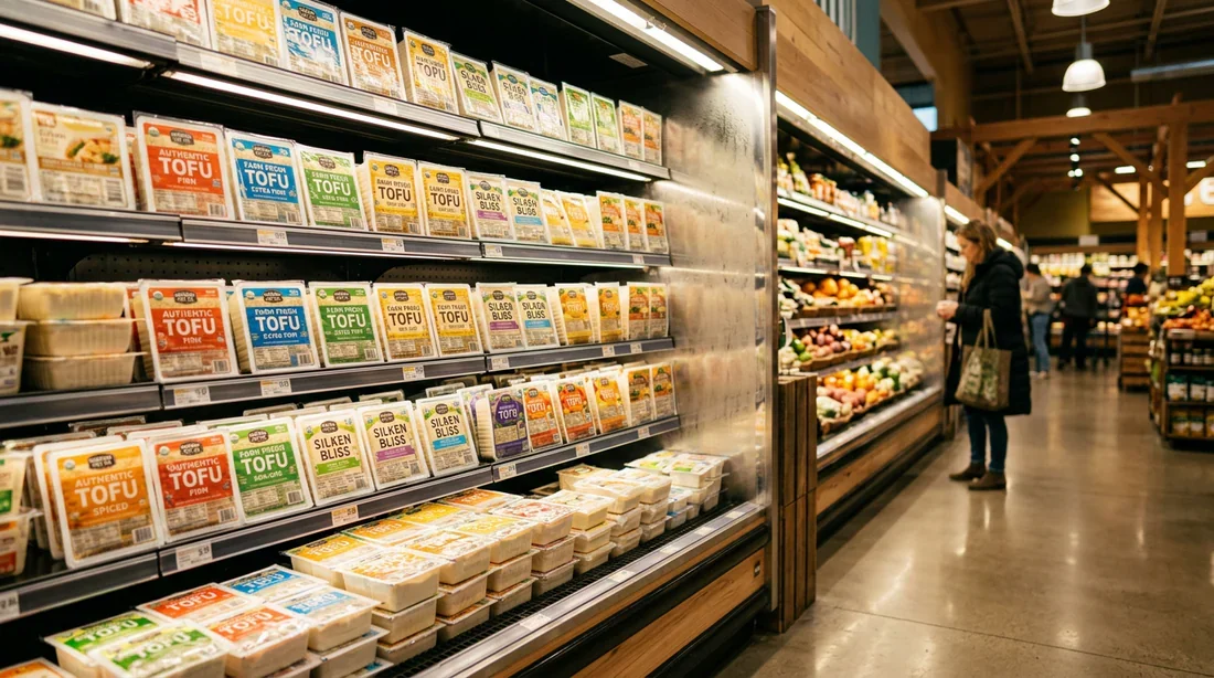 Rayon de produits frais dans un supermarché avec une sélection de tofu présentée de manière élégante