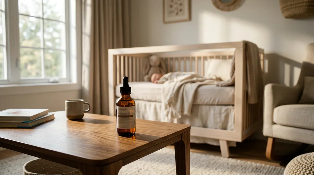 Header: La gestion de la vitamine D pour bébé Bouteille de vitamine D pour bébé dans une chambre d'enfant baignée de lumière