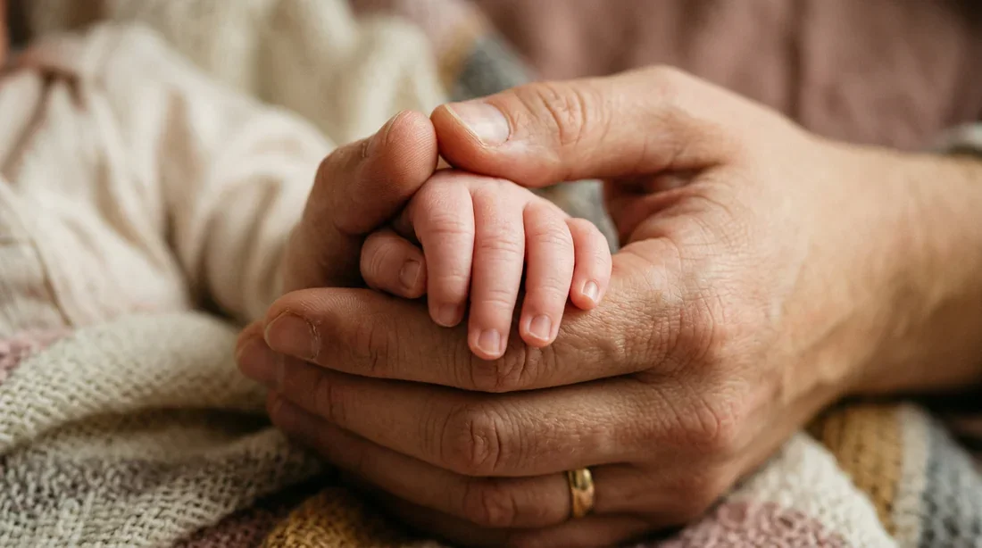 Illustration: Soins et attention pour bébé Main d'un parent tenant la main d'un nourrisson avec tendresse
