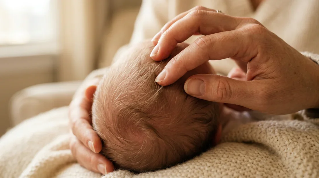 Gros plan sur les deux tourbillons dans les cheveux d'un bébé