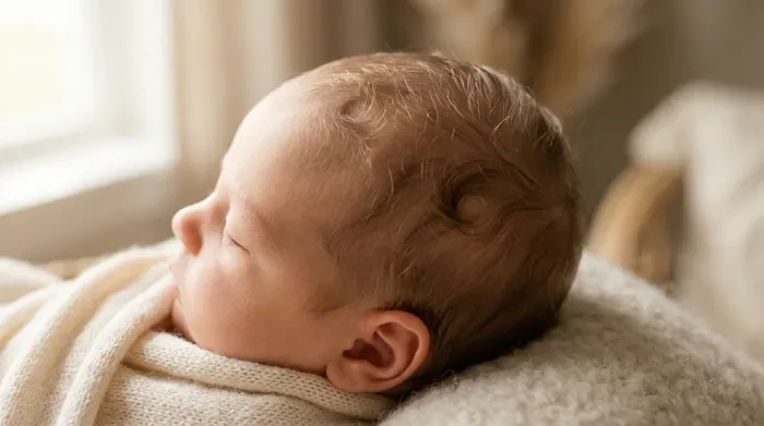 2 tourbillon cheveux bébé signification et origine génétique Vue de dessus des deux tourbillons capillaires d'un bébé