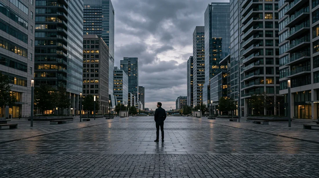 La sensation d'immensité et de vide ressentie par une personne agoraphe Une personne seule au milieu d'une immense place publique vide, illustrant l'agoraphobie