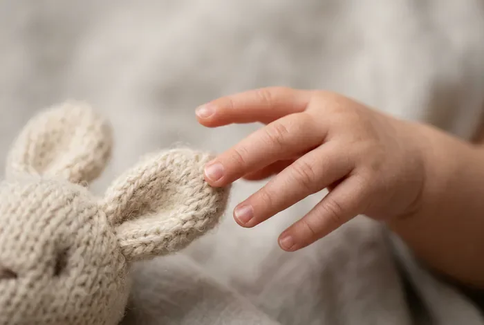 Bébé 3 mois n'attrape pas les objets : est-ce normal ? Gros plan sur les mains d'un bébé essayant d'attraper un jouet