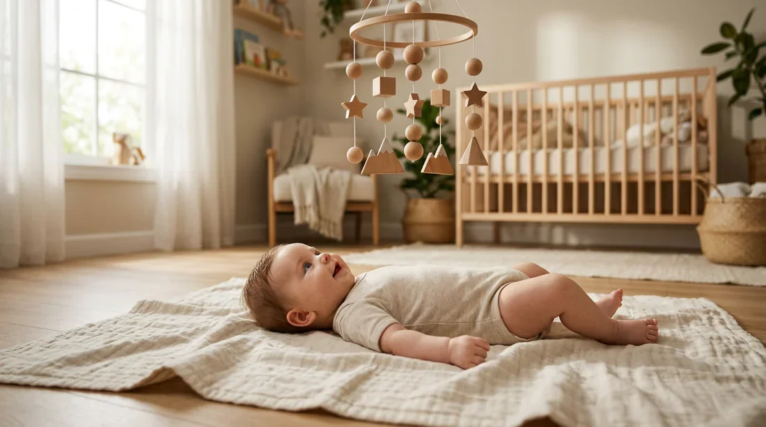 Un bébé de 3 mois allongé sur un tapis doux observant un mobile suspendu