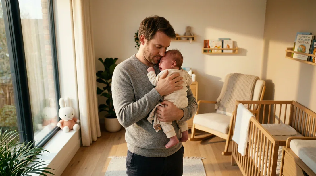 Le lien père-enfant : comprendre les phases de rejet chez le nourrisson Un papa essayant de réconforter son bébé dans une chambre d'enfant lumineuse