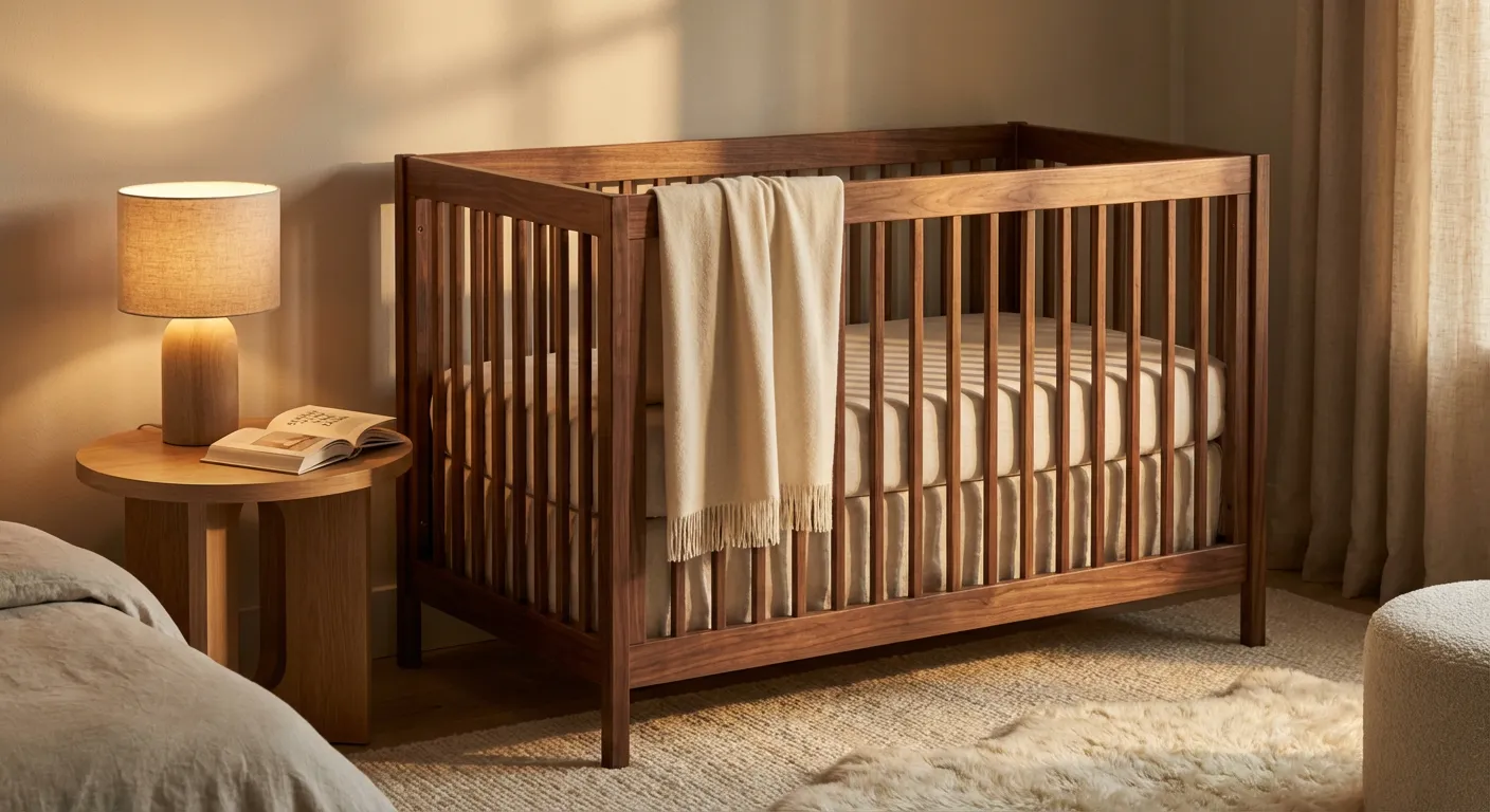 Détails d'une chambre d'enfant apaisante avec couverture en cachemire et lumière douce pour la routine du coucher.