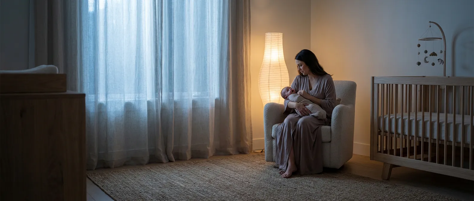 Maman berçant son bébé éveillé dans une chambre d'enfant haut de gamme la nuit sous une lumière tamisée.