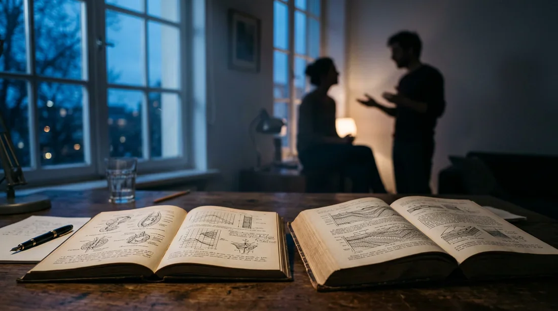 Communication et partage de connaissances au sein du duo Deux livres ouverts sur une table, évoquant la quête de connaissances et la communication au sein du couple.