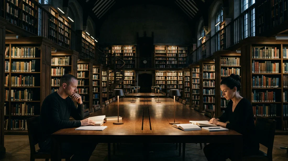 Le défi du décalage intellectuel dans le couple Un couple assis à une grande table dans une bibliothèque, illustrant une distance intellectuelle et émotionnelle.