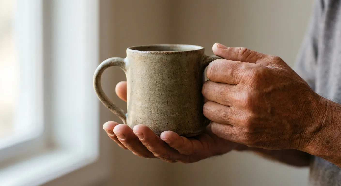 Gros plan minimaliste de mains tenant une tasse, évoquant le soin et le réconfort nécessaire lors d'une hospitalisation.