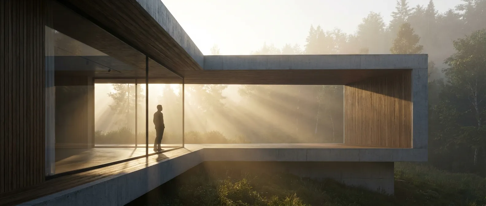 Une vue cinématographique d'une clinique moderne au lever du soleil, symbolisant l'espoir et le début de la guérison pour une dépression sévère.