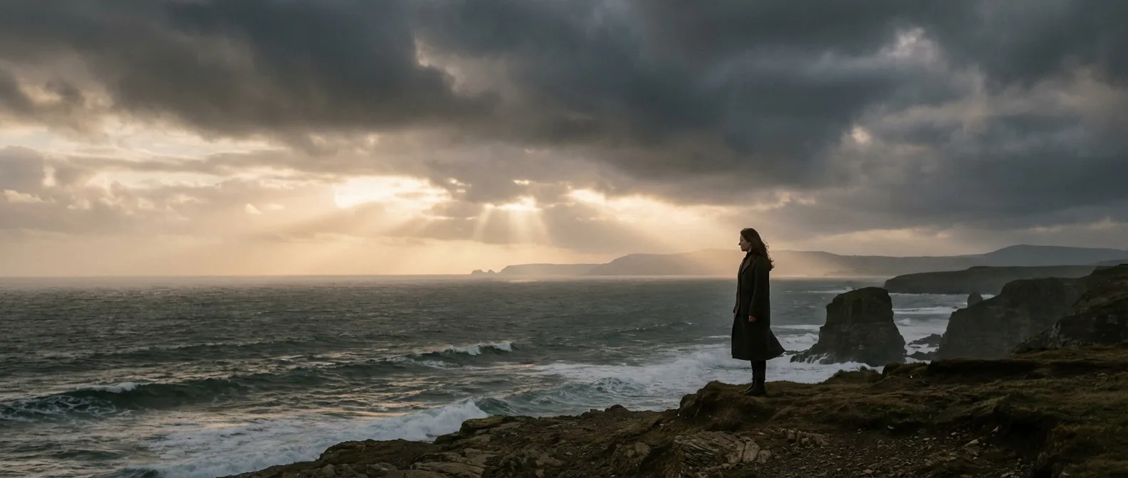 Une femme seule face à l'océan au lever du soleil, symbolisant le chemin de la résilience après un deuil.
