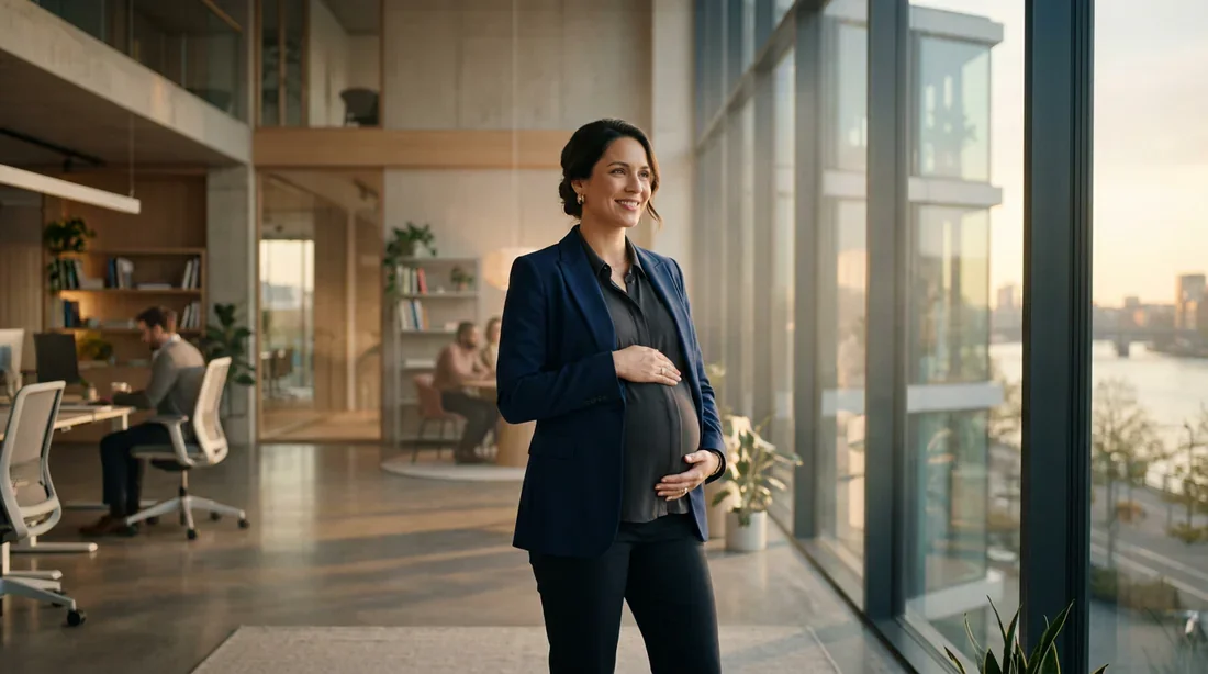 Droits de la femme enceinte en entreprise Une femme enceinte dans un bureau moderne et lumineux