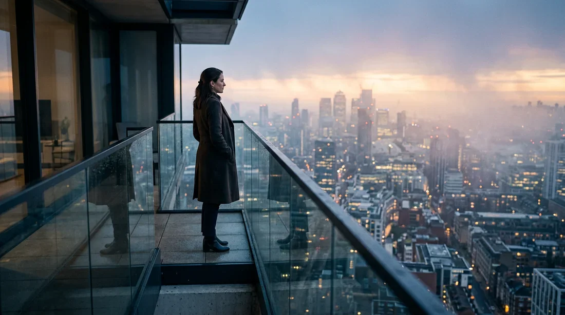 Une personne seule contemplant une vaste ville depuis un balcon au lever du soleil, illustrant le questionnement professionnel.