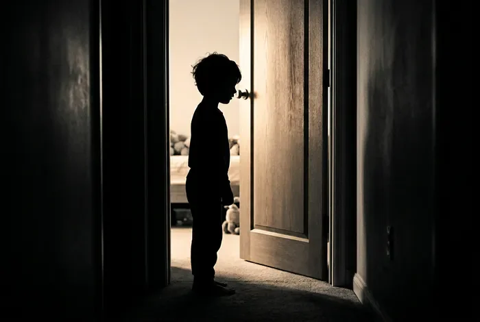 Mon enfant voit quelqu'un dans sa chambre : causes et conseils Silhouette d'un enfant au bord d'une porte dans l'obscurité