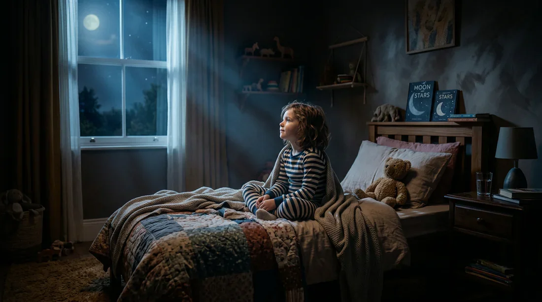 Un enfant assis dans son lit dans une chambre faiblement éclairée