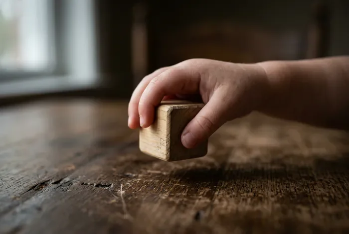 Mon fils ne s'intègre pas en maternelle : conseils pratiques Gros plan symbolique d'un enfant jouant seul avec un bloc en bois.