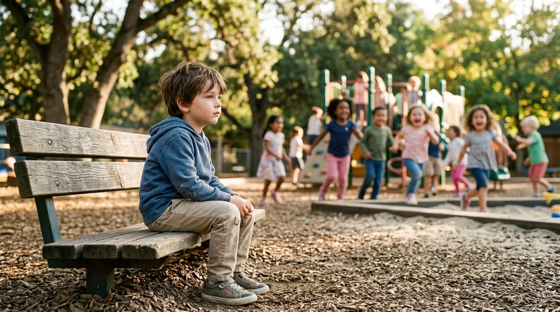 Un jeune garçon observant des enfants jouer en maternelle, illustrant le sentiment d'isolement social.