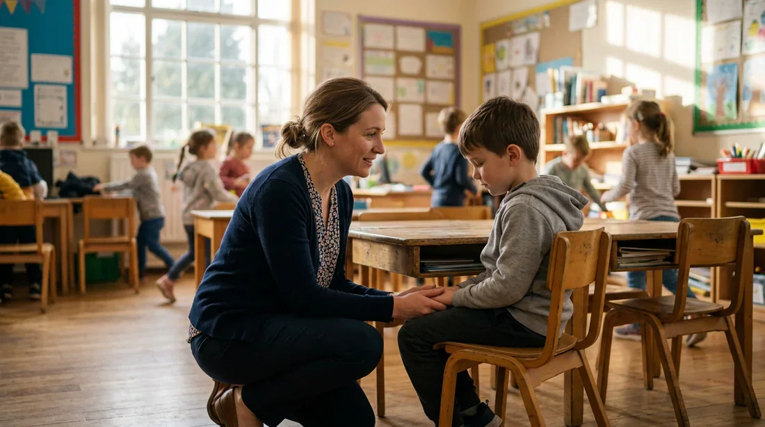 Une institutrice bienveillante discutant avec un élève en retrait dans une salle de classe.