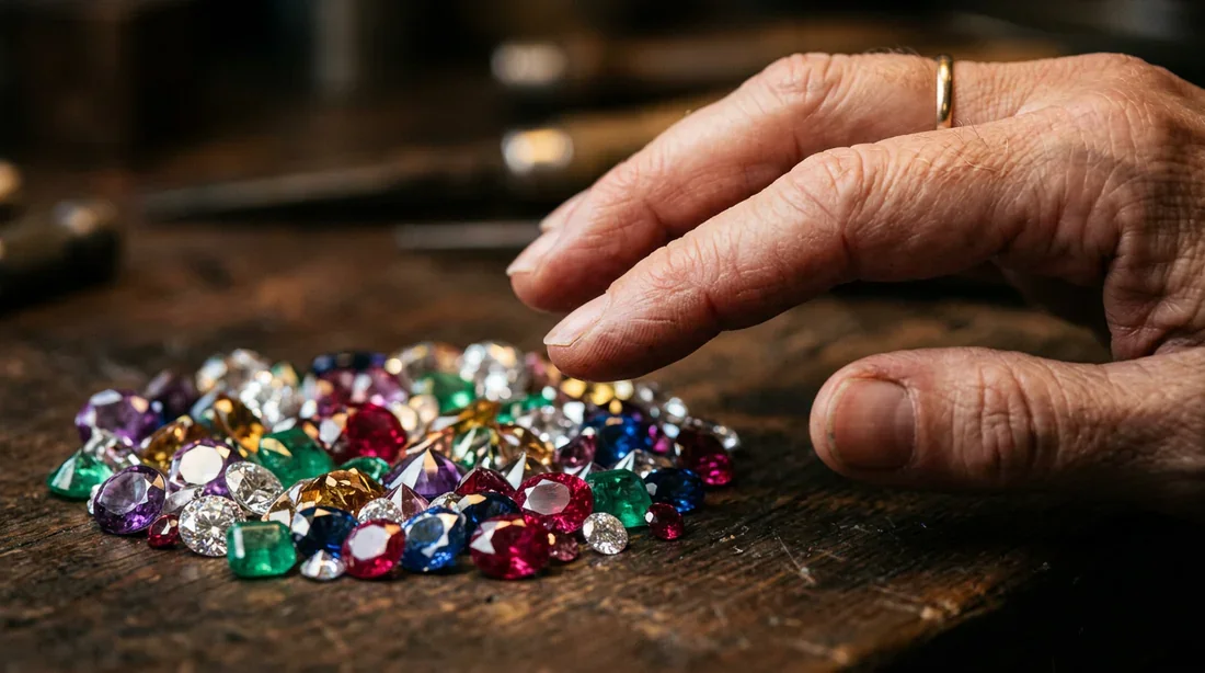 Illustration des symptômes et de l'impact de la phobie des bijoux Détail de mains hésitant près de pierres précieuses, illustrant le malaise lié aux bijoux