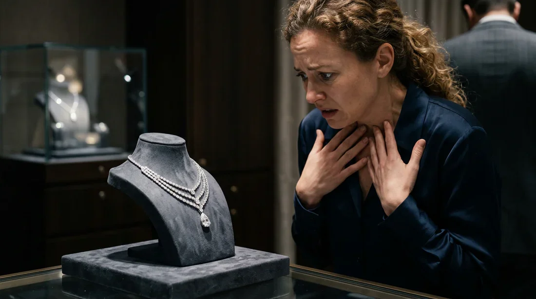 La phobie des bijoux vue sous un angle artistique et dramatique Une personne ressentant de l'anxiété face à un collier de luxe, illustrant la phobie des bijoux