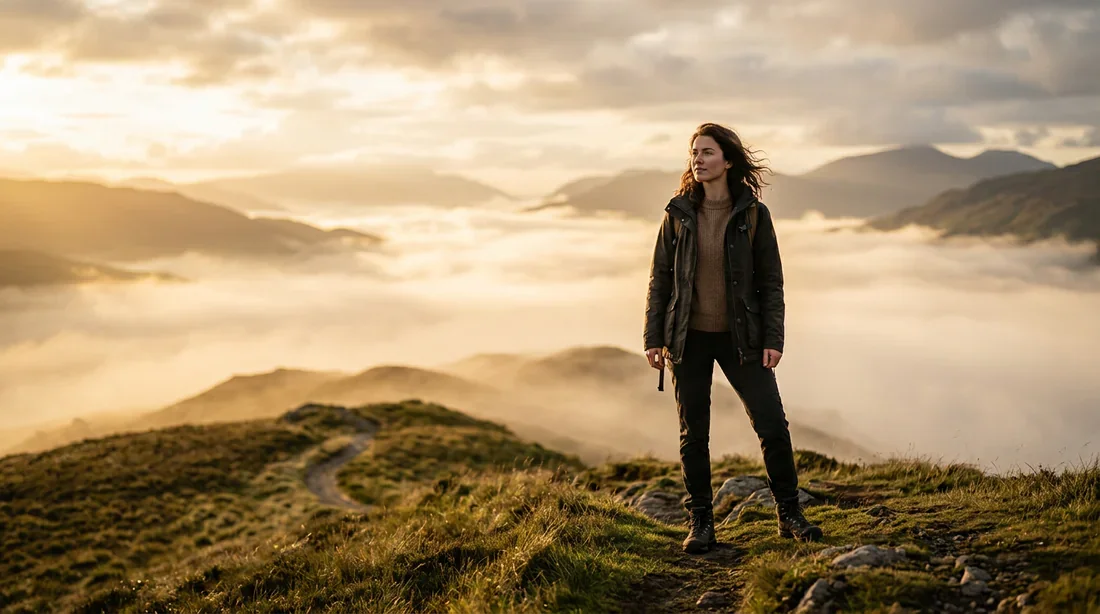 Une jeune femme rayonnante dans un paysage éthéré symbolisant la résilience