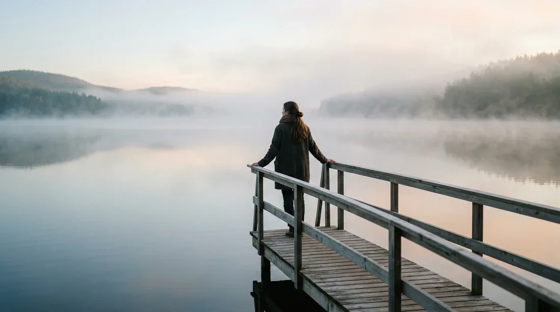Une femme sereine regardant un lac brumeux à l'aube symbolisant le renouveau