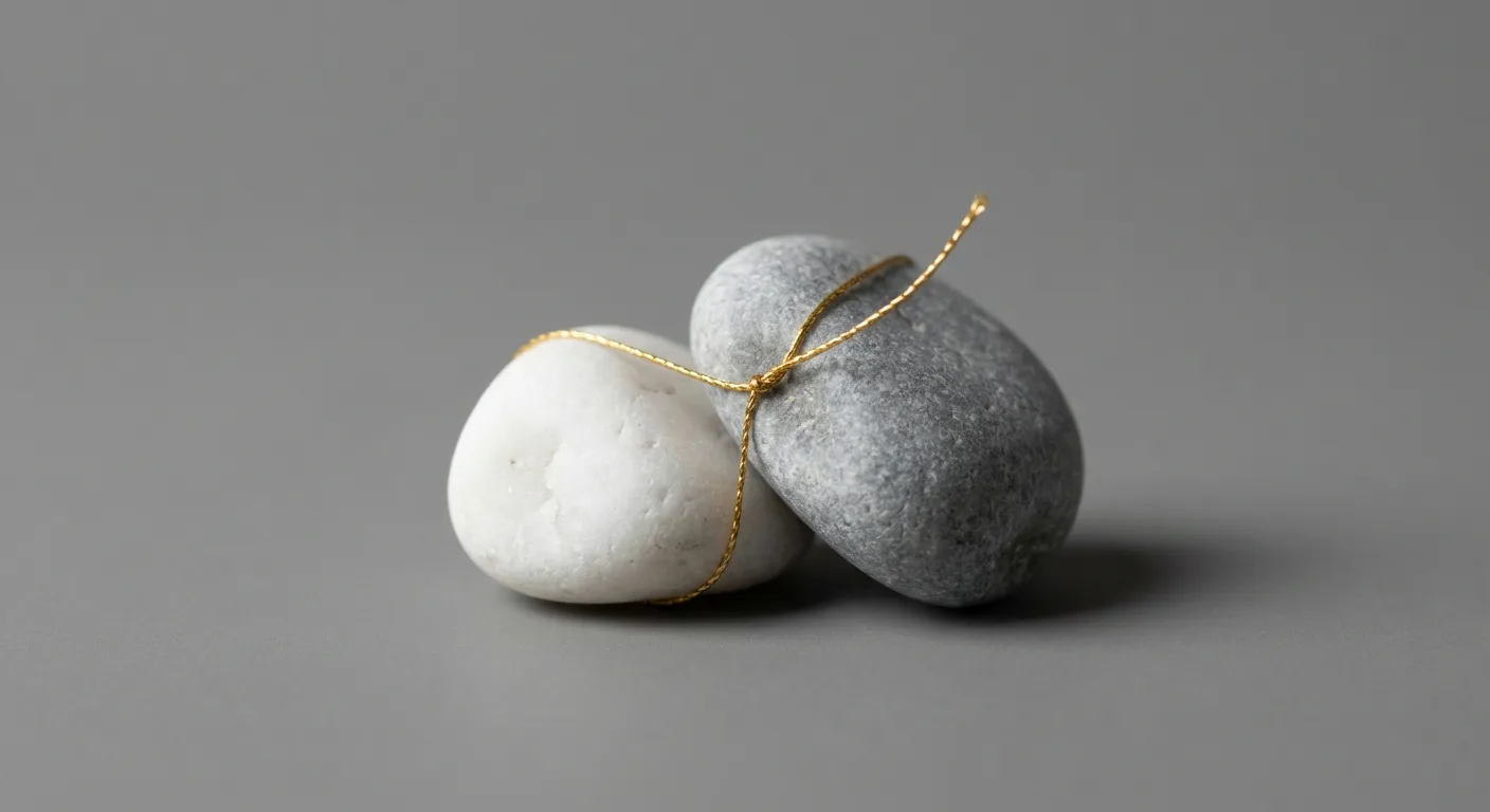 Deux pierres reliées par un fil d'or symbolisant l'attachement fragile