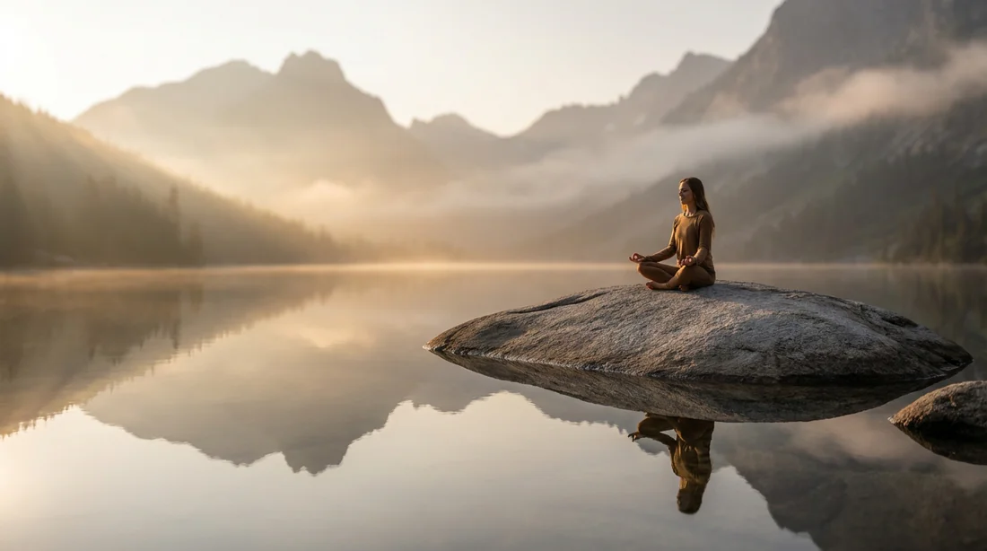 Une femme méditant sereinement au bord d'un lac de montagne au lever du soleil pour illustrer l'harmonie corps-esprit