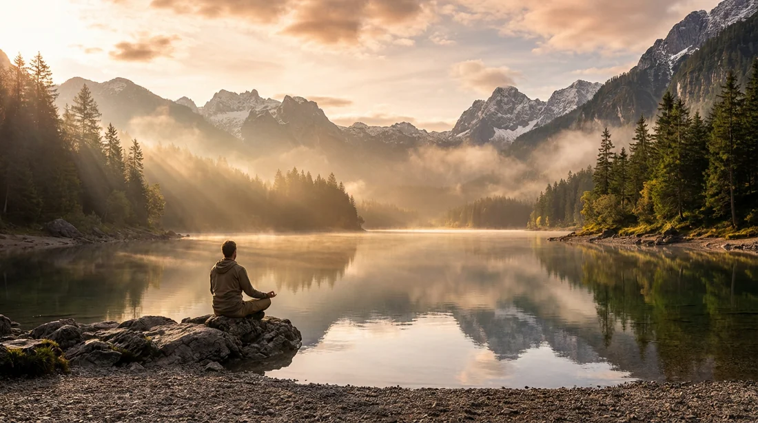 Une personne méditant sereinement au bord d'un lac de montagne au lever du soleil pour illustrer le bien-être du corps et de l'esprit.