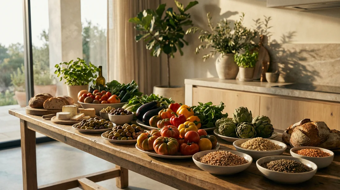 Un arrangement artistique de légumes frais et de grains entiers baigné par la lumière du matin