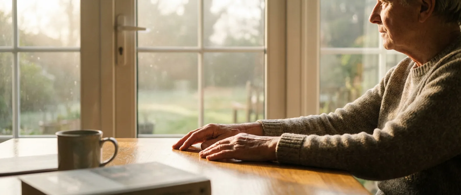 Vue apaisante d'une personne reposant ses mains après une arthrodèse du poignet, symbolisant la fin de la douleur.