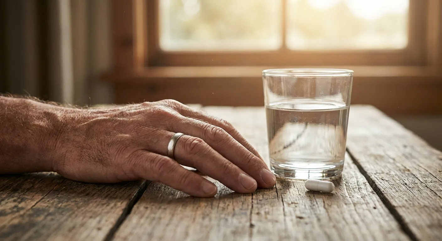 Gros plan sur une main et un médicament dans une lumière douce matinale pour illustrer la gestion quotidienne de la maladie