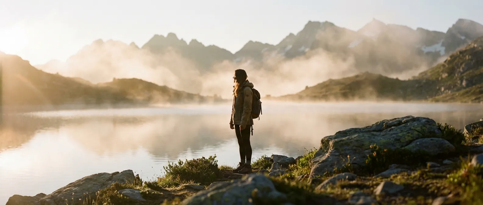 Portrait métaphorique d'une femme face à un paysage de montagne au lever du soleil pour illustrer le combat contre le cancer