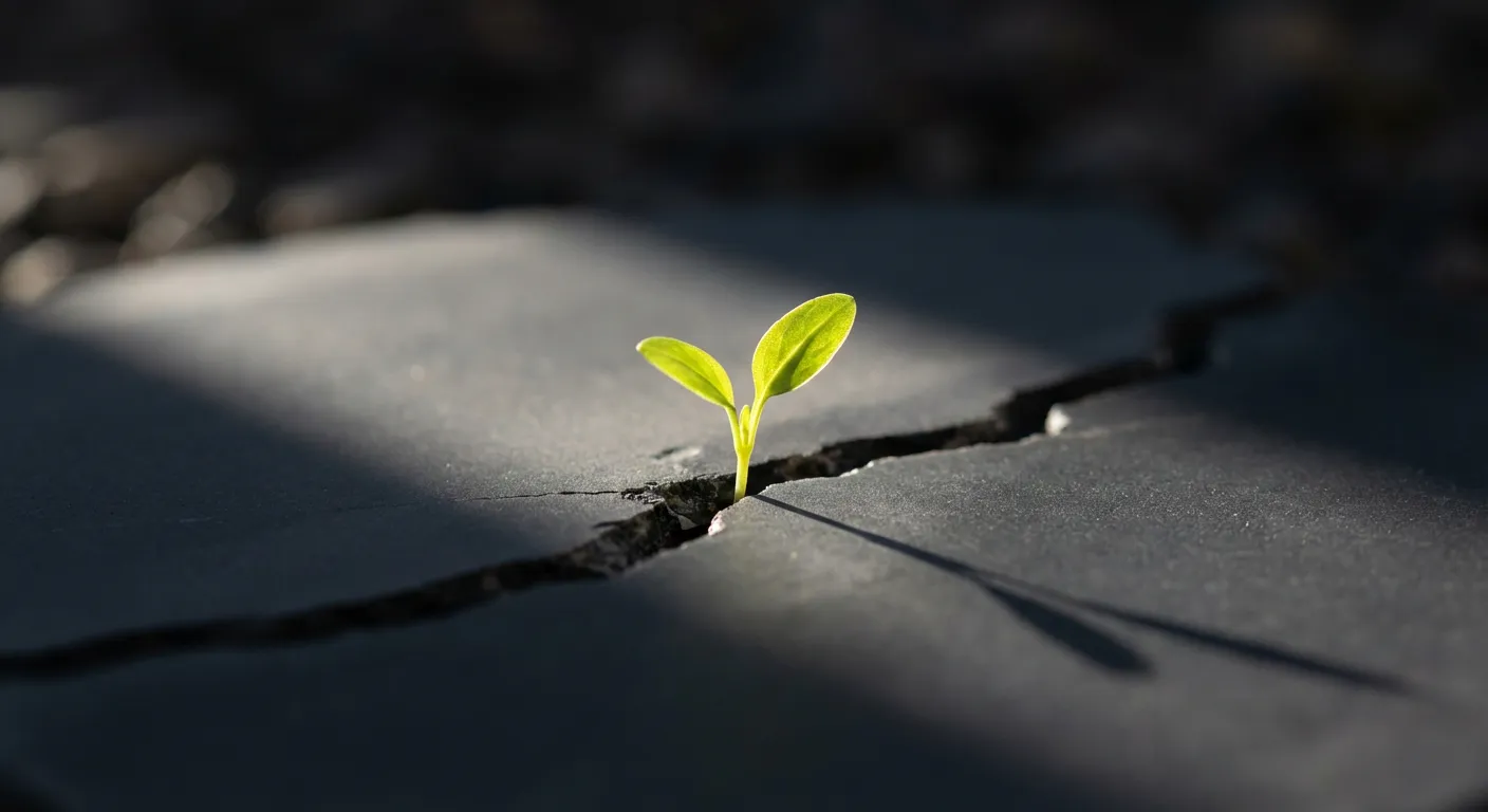 Une jeune pousse traversant la pierre, symbole iconique de la force de vie