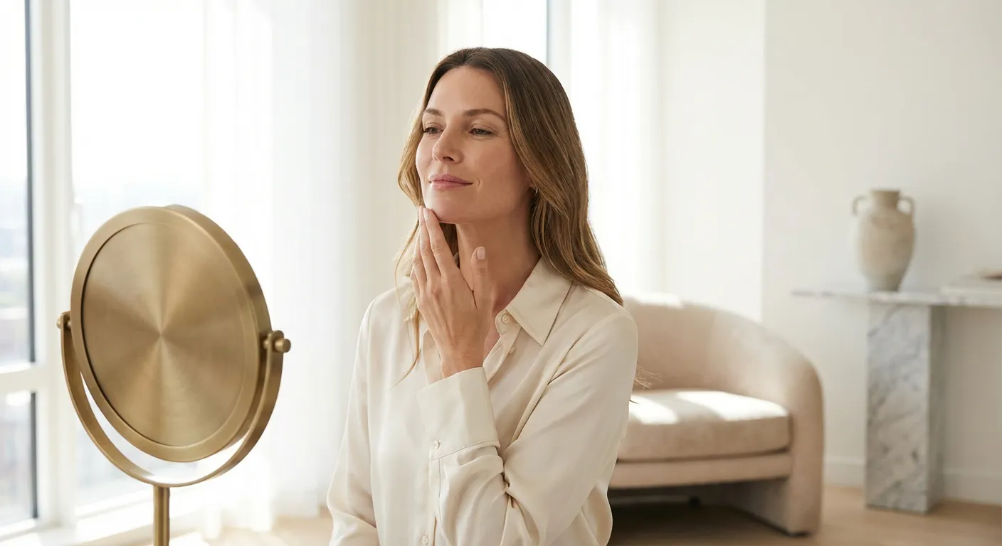 Femme satisfaite observant les résultats de son traitement laser au menton