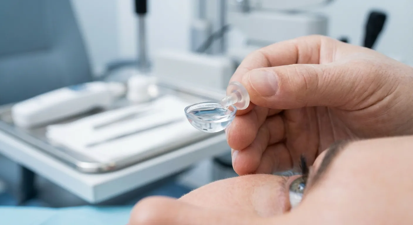 Détail de la manipulation précise d'une lentille sclérale dans un cadre professionnel.