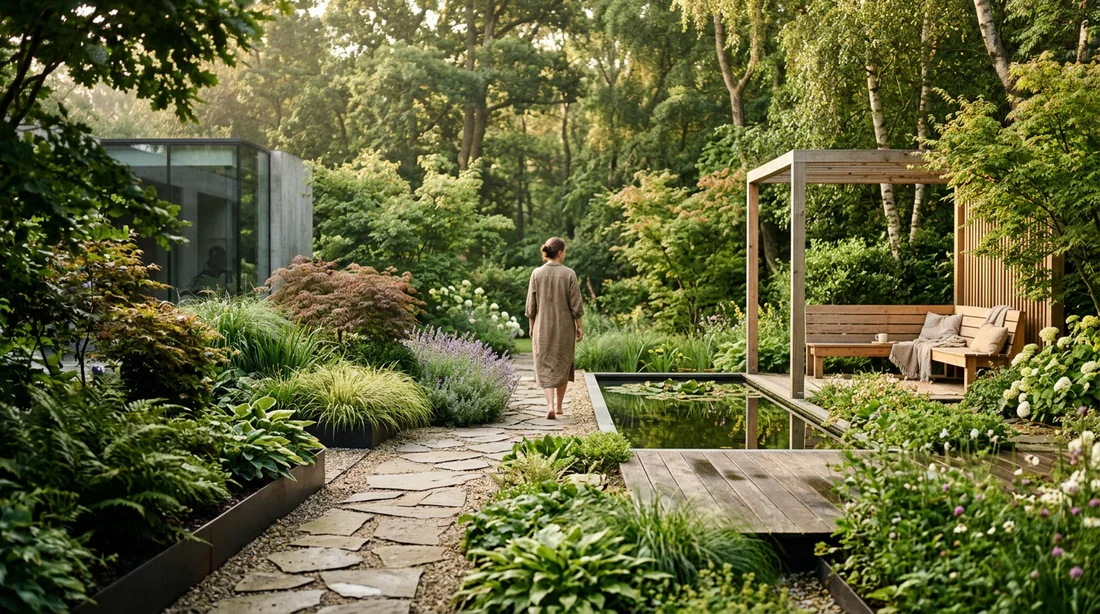 Vue cinématographique et sereine d'un jardin au lever du soleil symbolisant la guérison