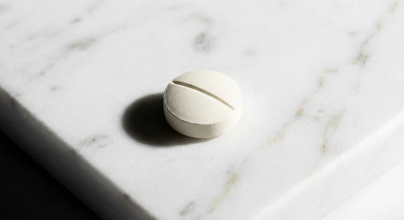 Gros plan minimaliste d'un comprimé médical sur une surface en marbre précieux.
