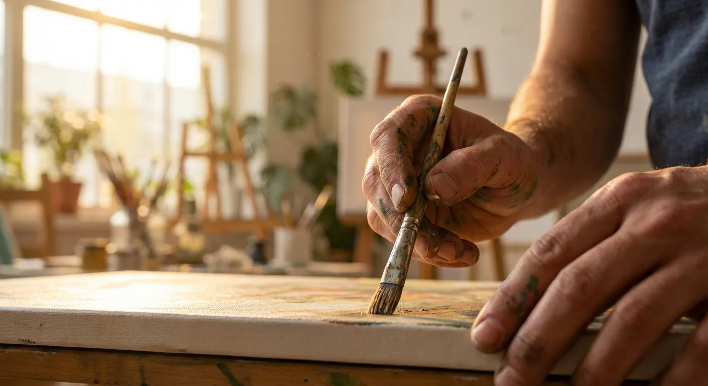 Mains d'un artiste peignant avec précision, symbolisant la mobilité préservée sur le long terme.