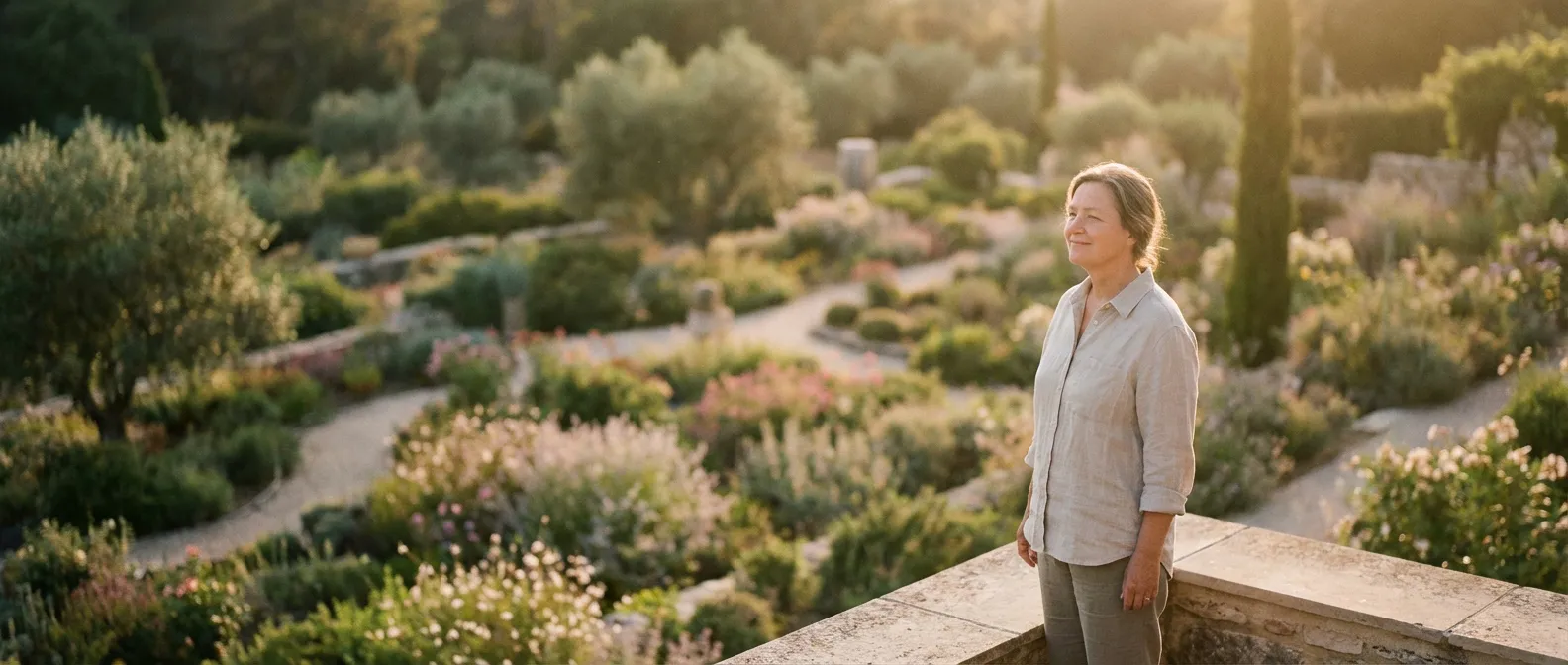Une femme sereine profitant du soleil sur une terrasse, évoquant les bénéfices à long terme du traitement au méthotrexate.
