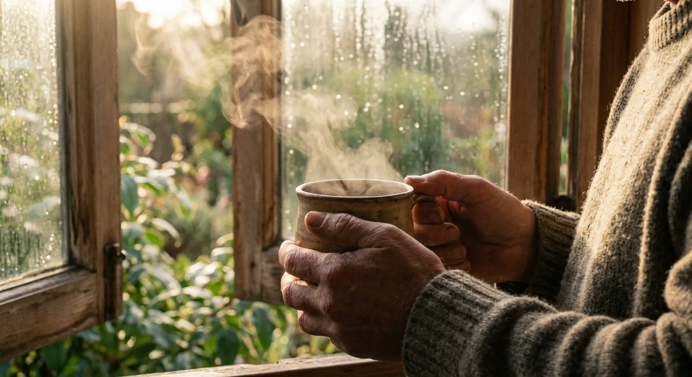 Mains tenant une tasse de thé chaude au lever du jour pour illustrer une routine de bien-être.
