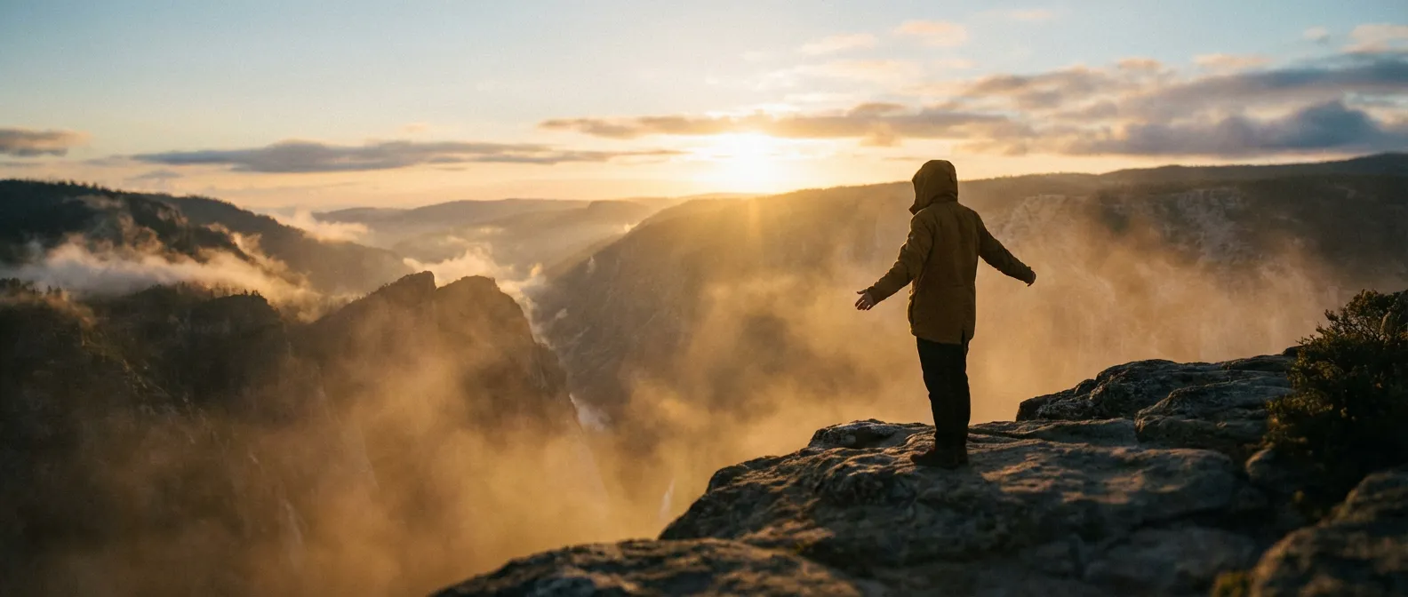 Une personne sereine face à un lever de soleil sur une vallée brumeuse, évoquant la clarté mentale et l'espoir.