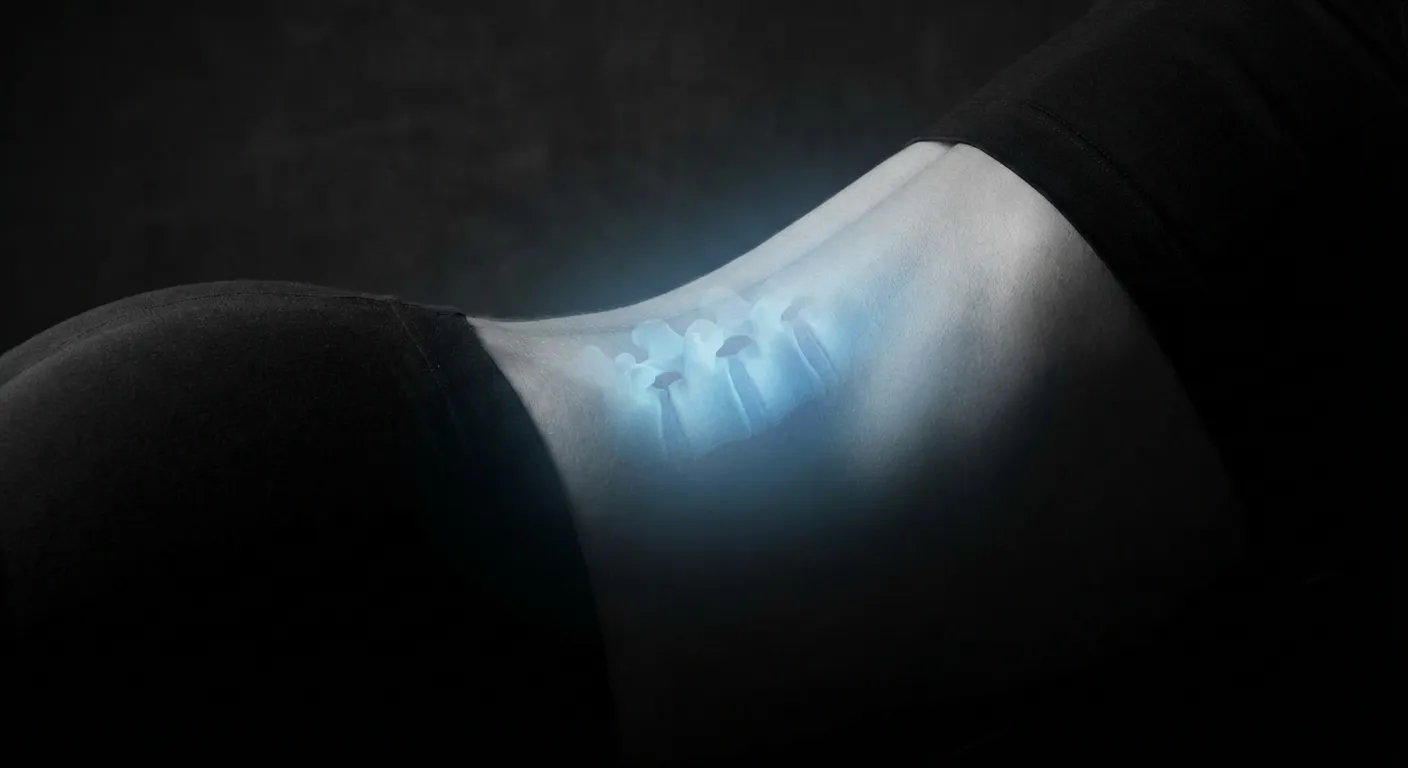 Gros plan artistique de la zone lombaire L5-S1 soulignée par une lumière bleue