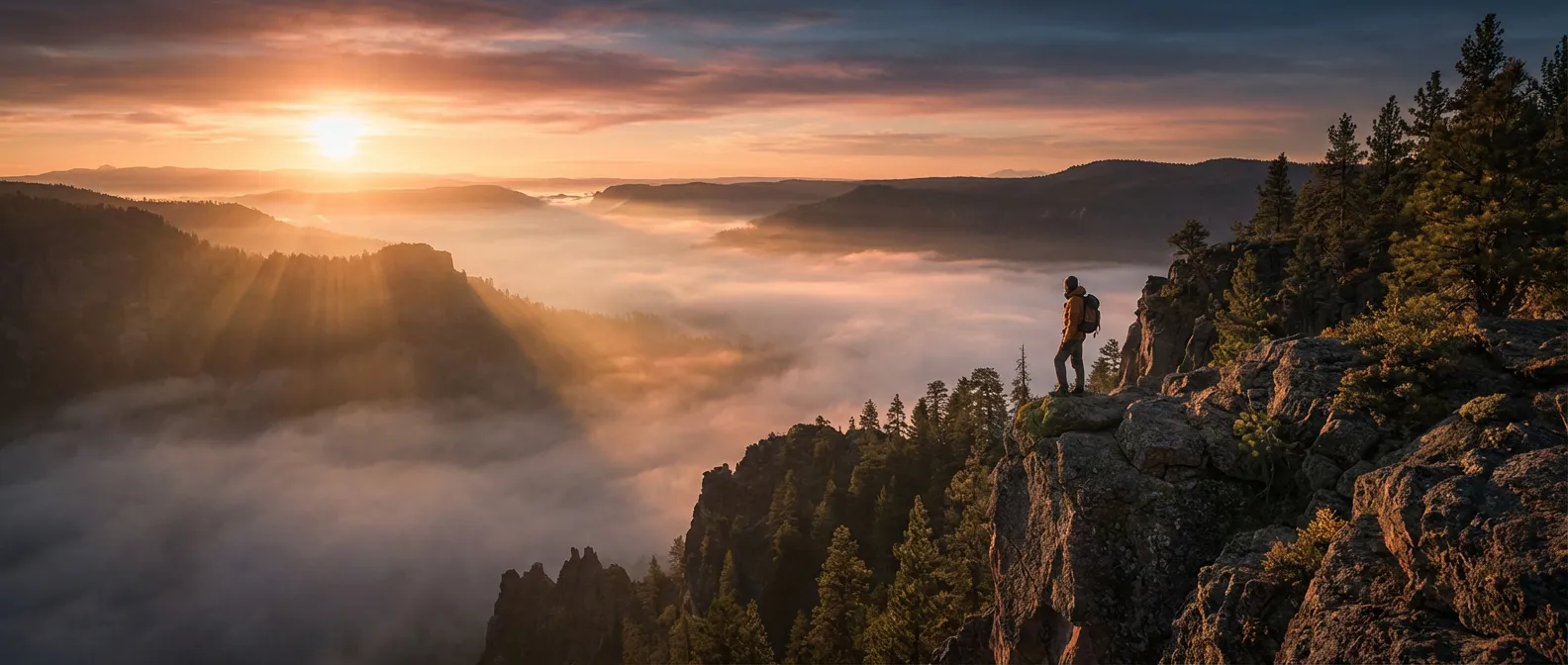 Un homme se tenant debout avec assurance face à un lever de soleil après sa guérison d'une hernie discale